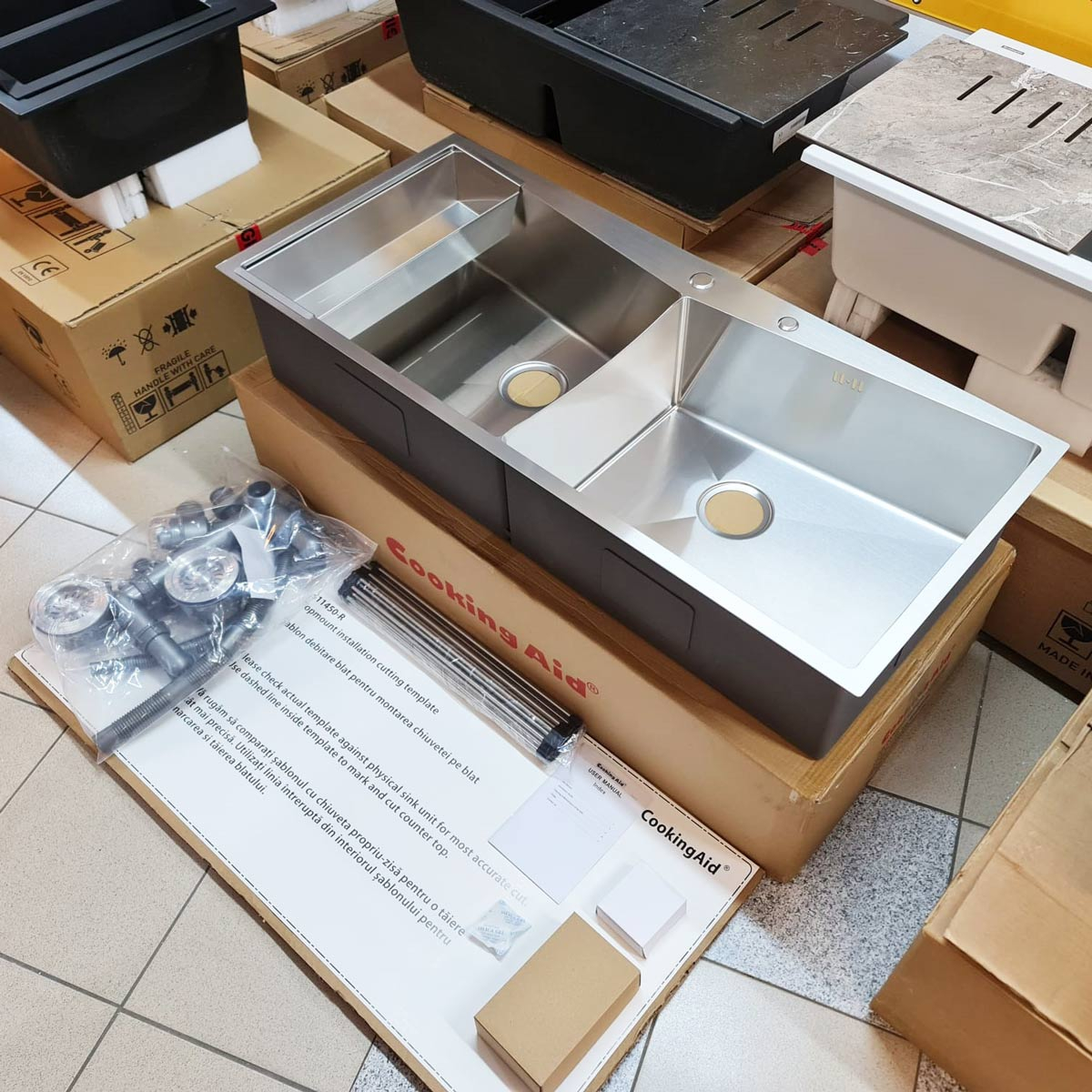 Chiuveta bucatarie HORECA inox dubla CookingAid VENUS-R Workstation cu dozator detergent, scurgator vase/paste/fructe, gratar rulabil inox + accesorii montaj [4]