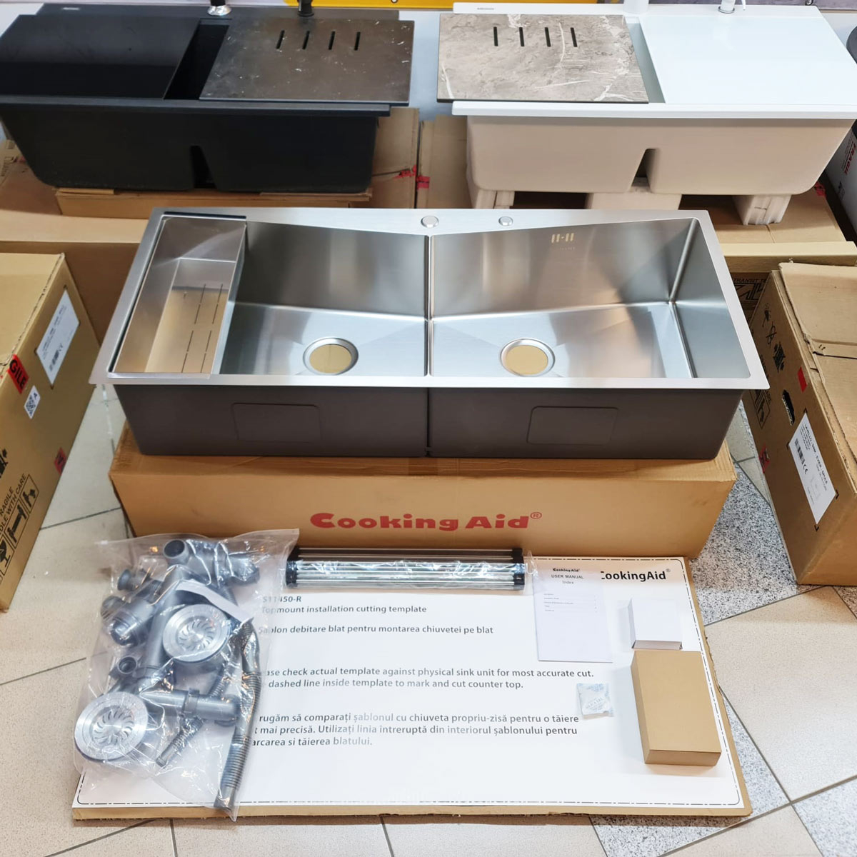 Chiuveta bucatarie HORECA inox dubla CookingAid VENUS-R Workstation cu dozator detergent, scurgator vase/paste/fructe, gratar rulabil inox + accesorii montaj [5]