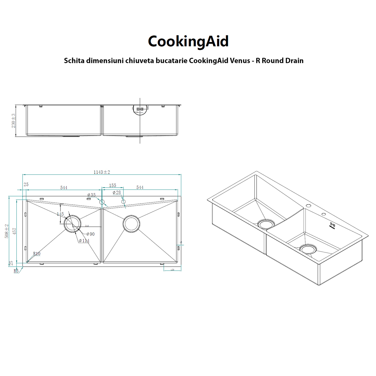 Chiuveta bucatarie HORECA inox dubla CookingAid VENUS-R Workstation cu dozator detergent, scurgator vase/paste/fructe, gratar rulabil inox + accesorii montaj [9]