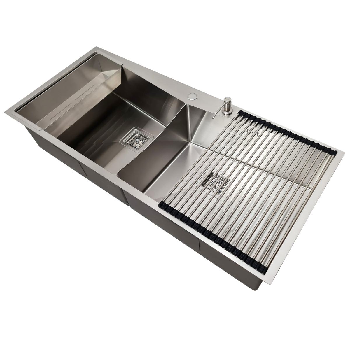 Chiuveta bucatarie HORECA inox dubla CookingAid VENUS-S Workstation cu dozator detergent, scurgator vase/paste/fructe, gratar rulabil inox + accesorii montaj [3]