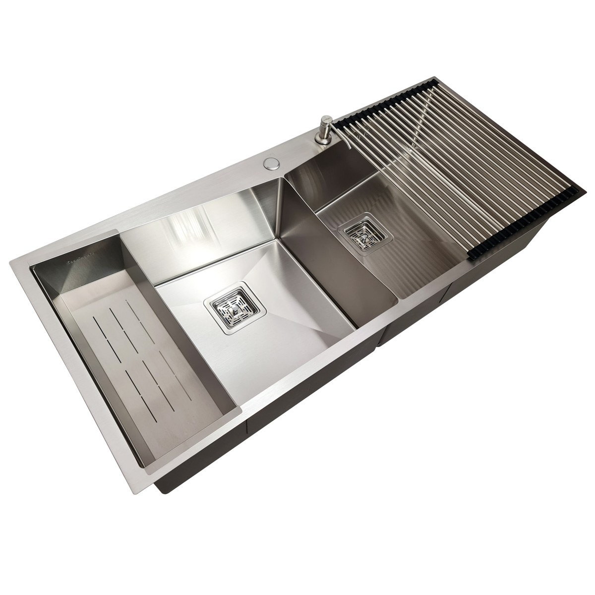 Chiuveta bucatarie HORECA inox dubla CookingAid VENUS-S Workstation cu dozator detergent, scurgator vase/paste/fructe, gratar rulabil inox + accesorii montaj [4]