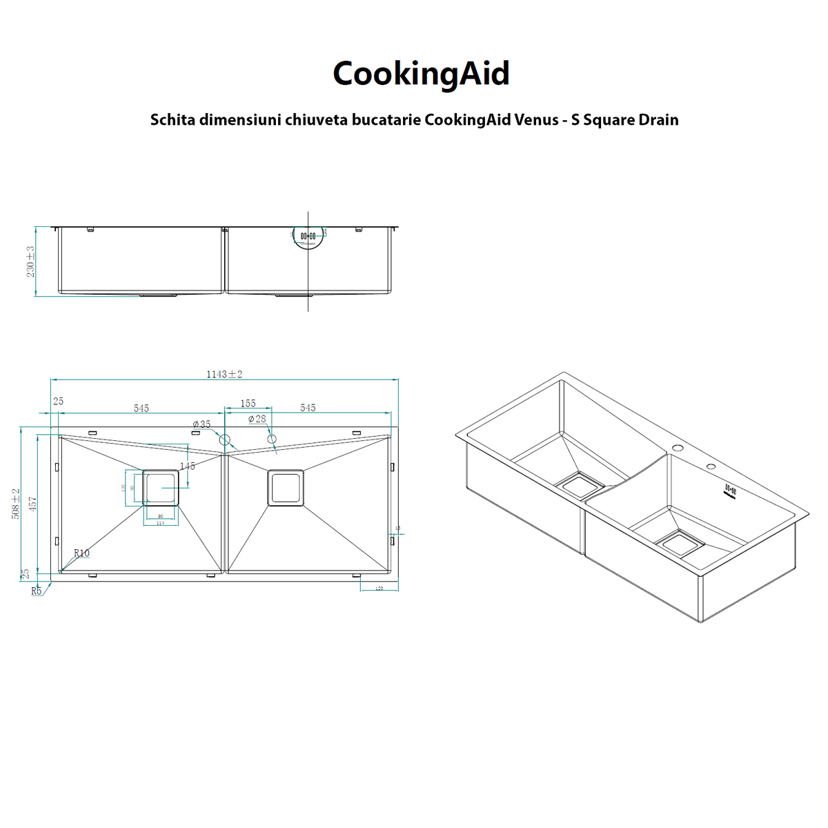 Chiuveta bucatarie HORECA inox dubla CookingAid VENUS-S Workstation cu dozator detergent, scurgator vase/paste/fructe, gratar rulabil inox + accesorii montaj [10]