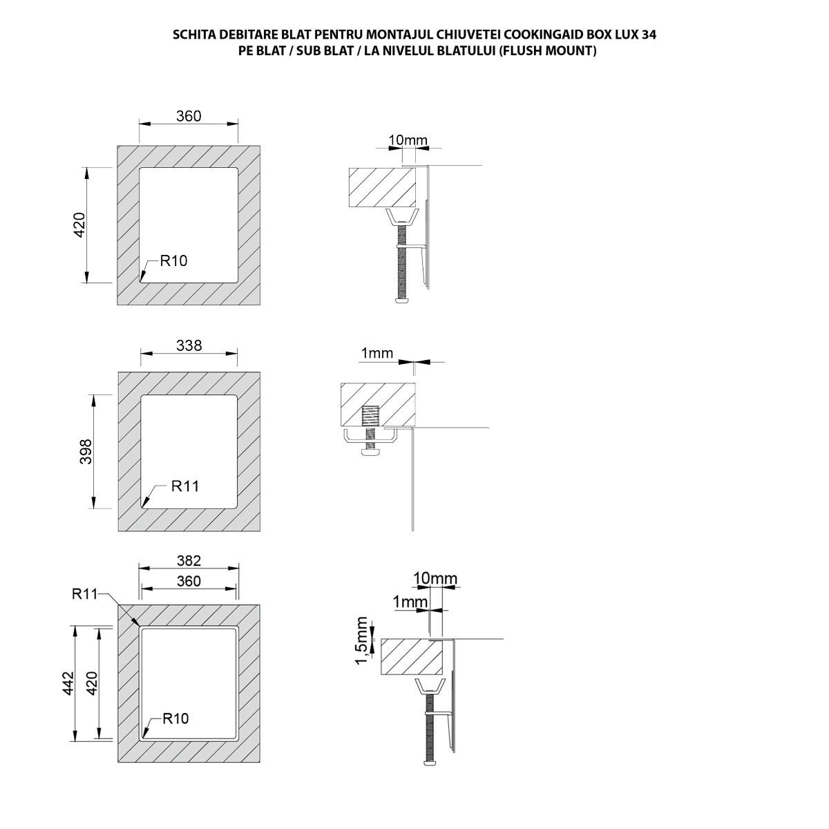 Chiuveta bucatarie inox CookingAid Box Lux 34 cu montaj pe/sub blat cu ventil scurgere dreptunghiular si accesorii montaj [15]