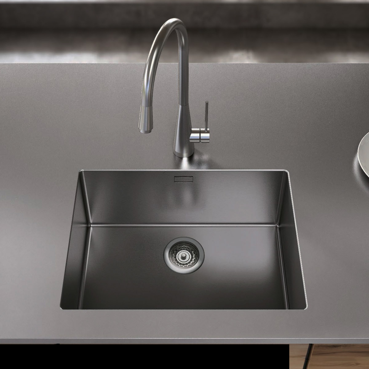 Chiuveta bucatarie inox CookingAid BOX LUX 50 DARK GREY cu strat PVD ceramic culoare gri inchis / negru cu montaj pe/sub blat + accesorii montaj [1]