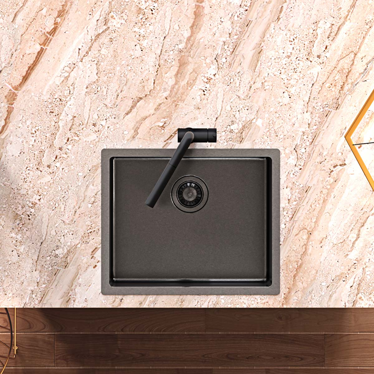 Chiuveta bucatarie inox CookingAid BOX LUX 50 DARK GREY cu strat PVD ceramic culoare gri inchis / negru cu montaj pe/sub blat + accesorii montaj [3]