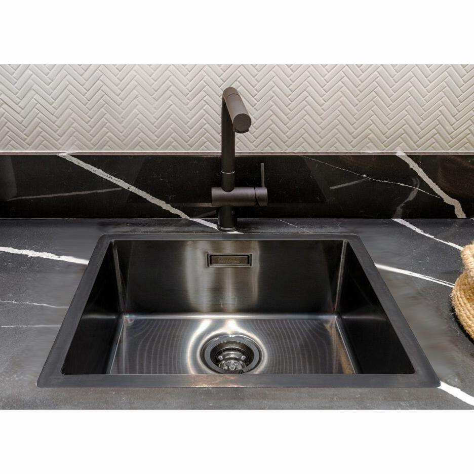 Chiuveta bucatarie inox CookingAid BOX LUX 50 DARK GREY cu strat PVD ceramic culoare gri inchis / negru cu montaj pe/sub blat + accesorii montaj [2]