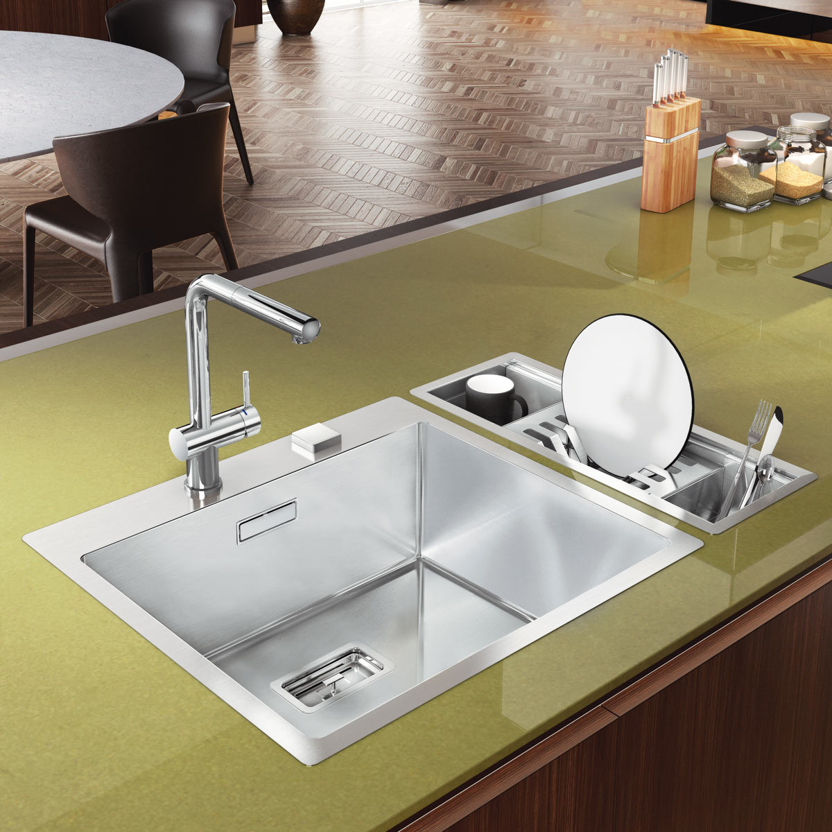 Chiuveta bucatarie inox CookingAid BOX LUX 57 cu ventil automat scurgere dreptunghiular si accesorii montaj [2]