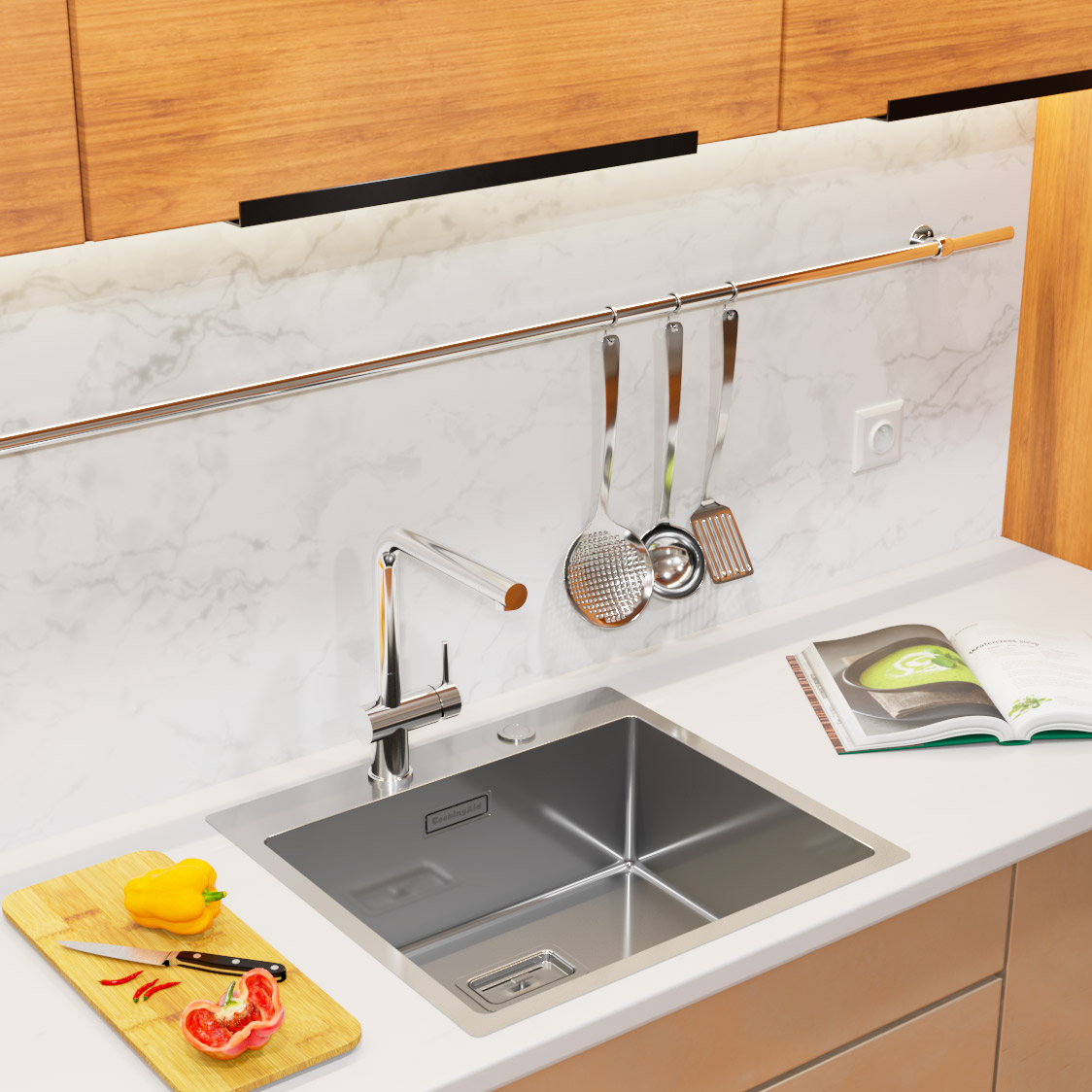 Chiuveta bucatarie inox CookingAid BOX LUX 57 cu ventil automat scurgere dreptunghiular si accesorii montaj [14]