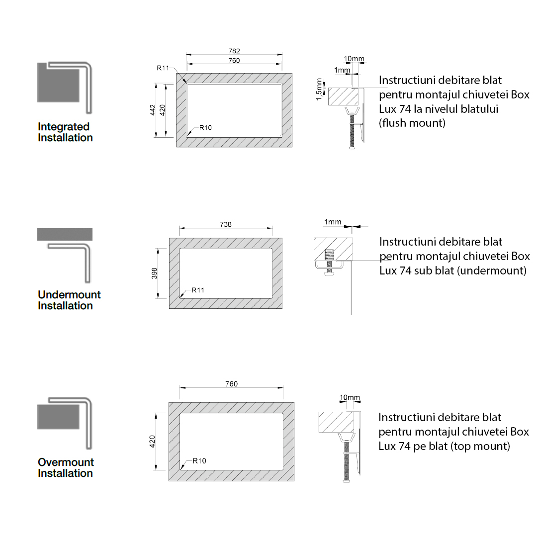 Chiuveta bucatarie inox CookingAid Box Lux 74 cu montaj pe/sub blat cu ventil scurgere dreptunghiular si accesorii montaj [10]