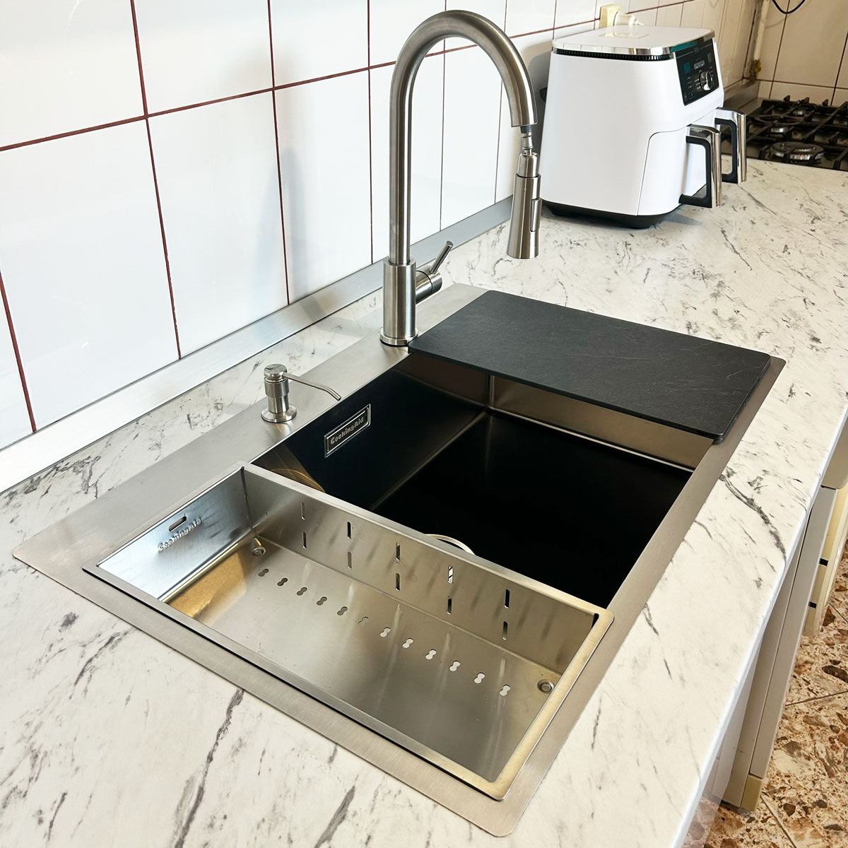 Chiuveta bucatarie inox CookingAid BOX LUX 76 + dozator detergent + accesorii montaj [23]