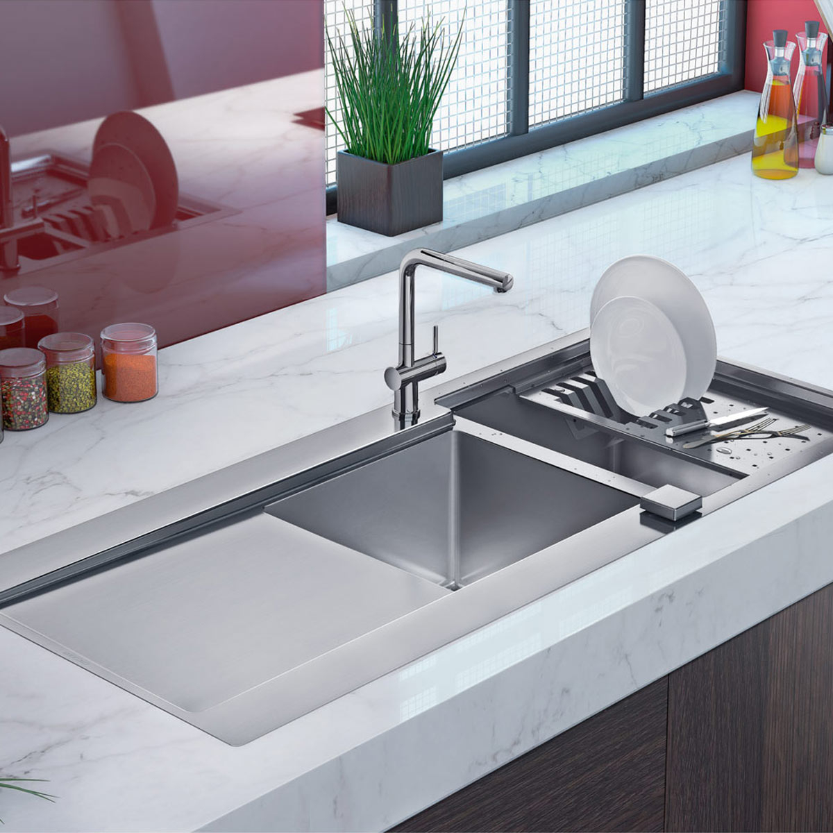 Chiuveta bucatarie inox CookingAid EVO 116 dubla cu 2 cuve + picurator si ventil automat reversibila stanga/dreapta + accesorii montaj [1]