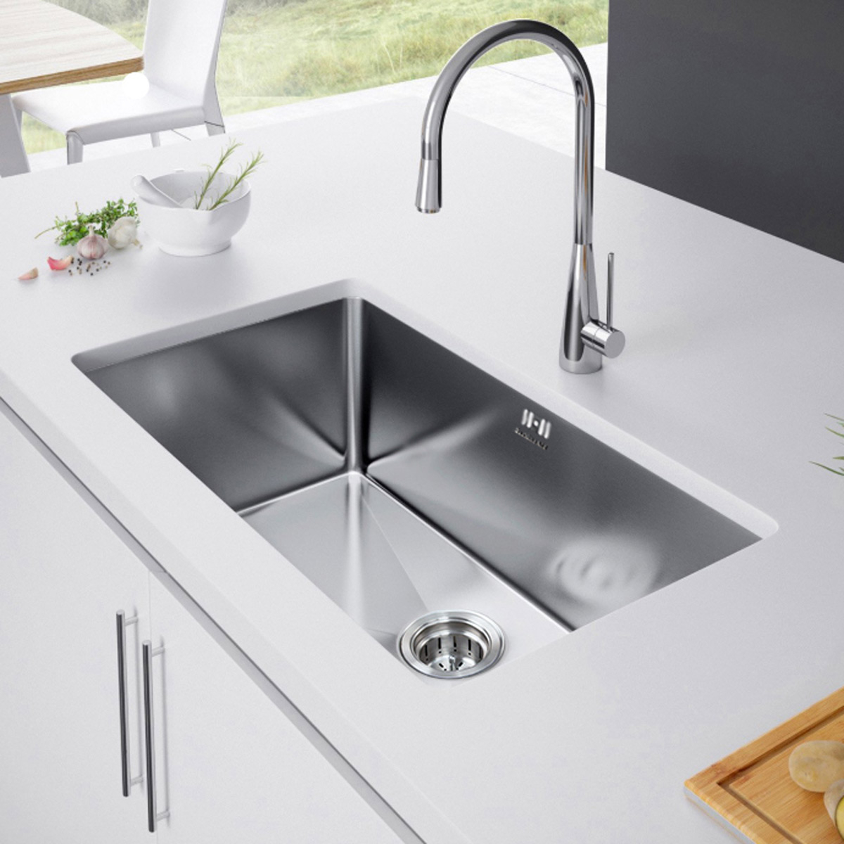 Chiuveta bucatarie inox CookingAid HERA LARGE cu dozator detergent, scurgator vase/paste/fructe, gratar rulabil inox, tocator Sapele + accesorii montaj [1]