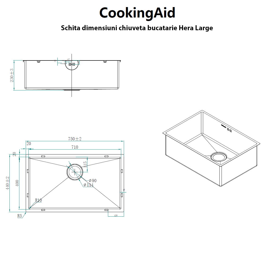 Chiuveta bucatarie inox CookingAid HERA LARGE cu dozator detergent, scurgator vase/paste/fructe, gratar rulabil inox, tocator Sapele + accesorii montaj [17]