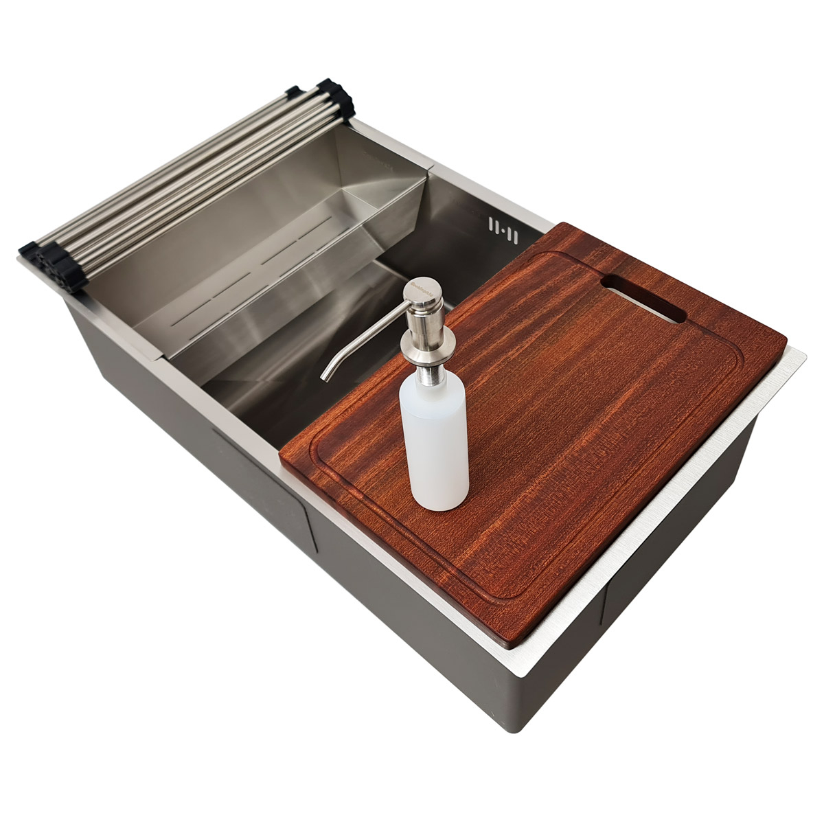 Chiuveta bucatarie inox CookingAid HERA LARGE cu dozator detergent, scurgator vase/paste/fructe, gratar rulabil inox, tocator Sapele + accesorii montaj [7]