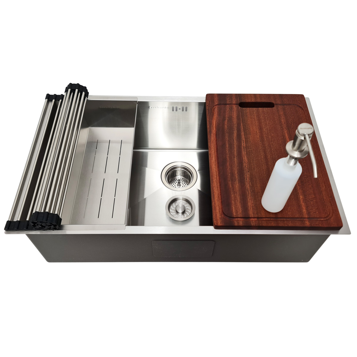 Chiuveta bucatarie inox CookingAid HERA LARGE cu dozator detergent, scurgator vase/paste/fructe, gratar rulabil inox, tocator Sapele + accesorii montaj [6]