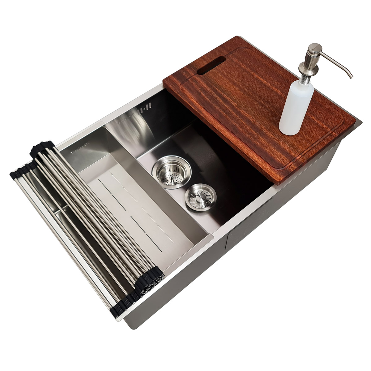 Chiuveta bucatarie inox CookingAid HERA LARGE cu dozator detergent, scurgator vase/paste/fructe, gratar rulabil inox, tocator Sapele + accesorii montaj [8]