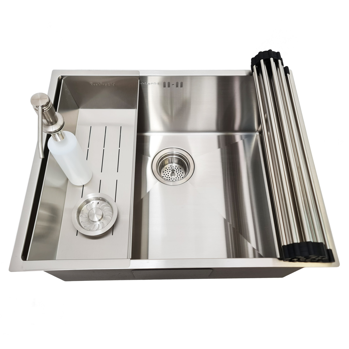 Chiuveta bucatarie inox CookingAid HERA MEDIUM cu montaj pe/sub blat cu dozator detergent, tavita scurgere inox, gratar rulabil inox + accesorii montaj [7]