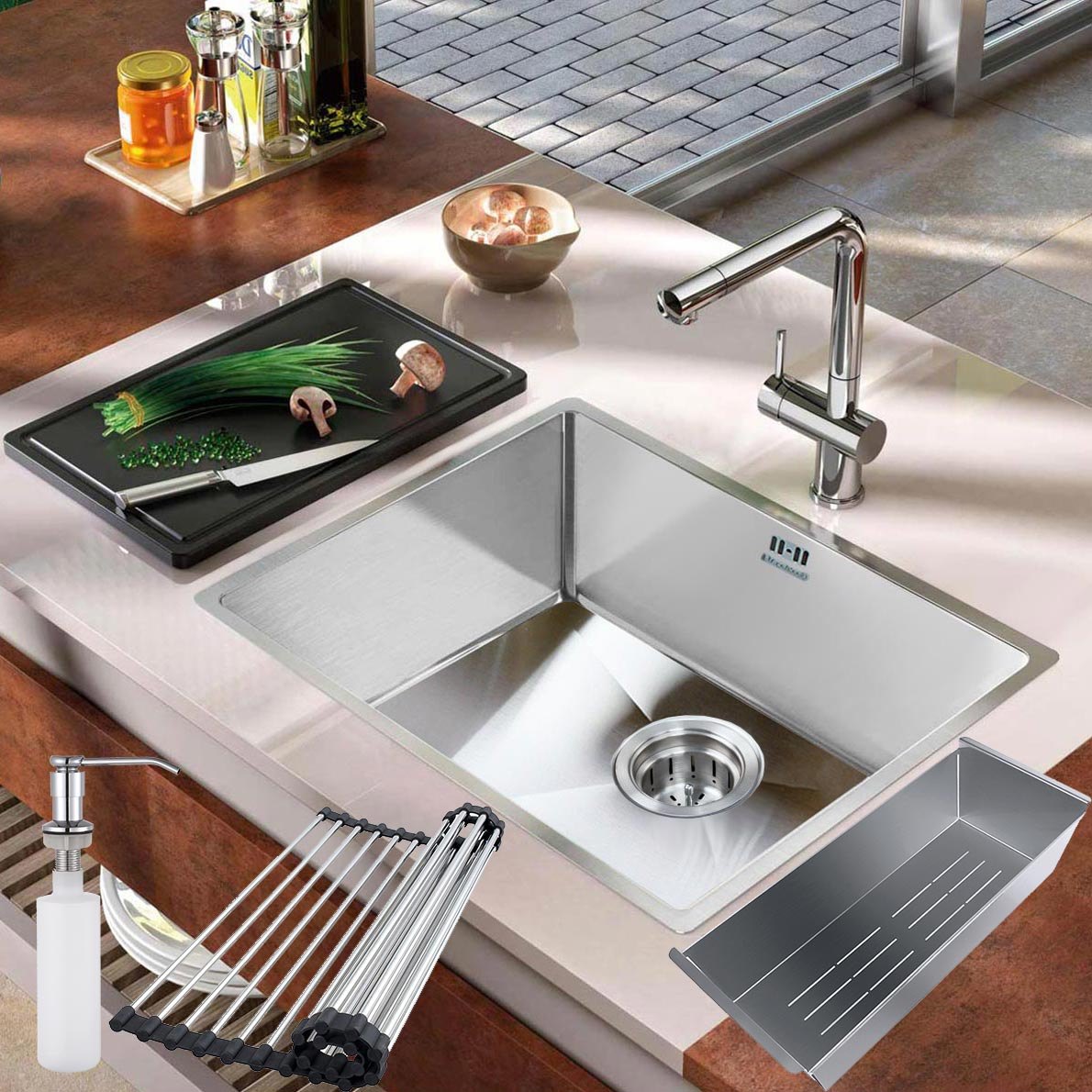 Chiuveta bucatarie inox CookingAid HERA MEDIUM cu montaj pe/sub blat cu dozator detergent, tavita scurgere inox, gratar rulabil inox + accesorii montaj [18]