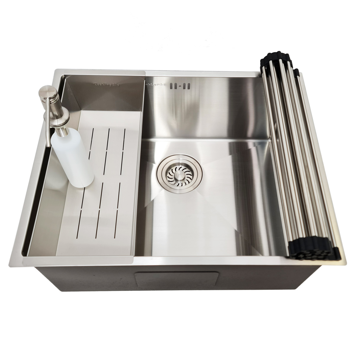 Chiuveta bucatarie inox CookingAid HERA MEDIUM cu montaj pe/sub blat cu dozator detergent, tavita scurgere inox, gratar rulabil inox + accesorii montaj [8]