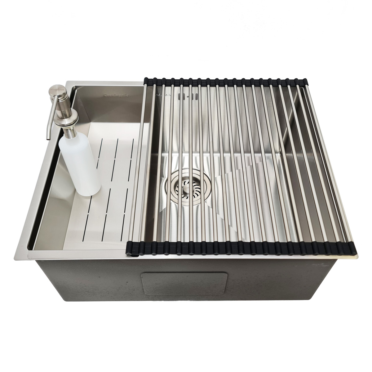 Chiuveta bucatarie inox CookingAid HERA MEDIUM cu montaj pe/sub blat cu dozator detergent, tavita scurgere inox, gratar rulabil inox + accesorii montaj [9]