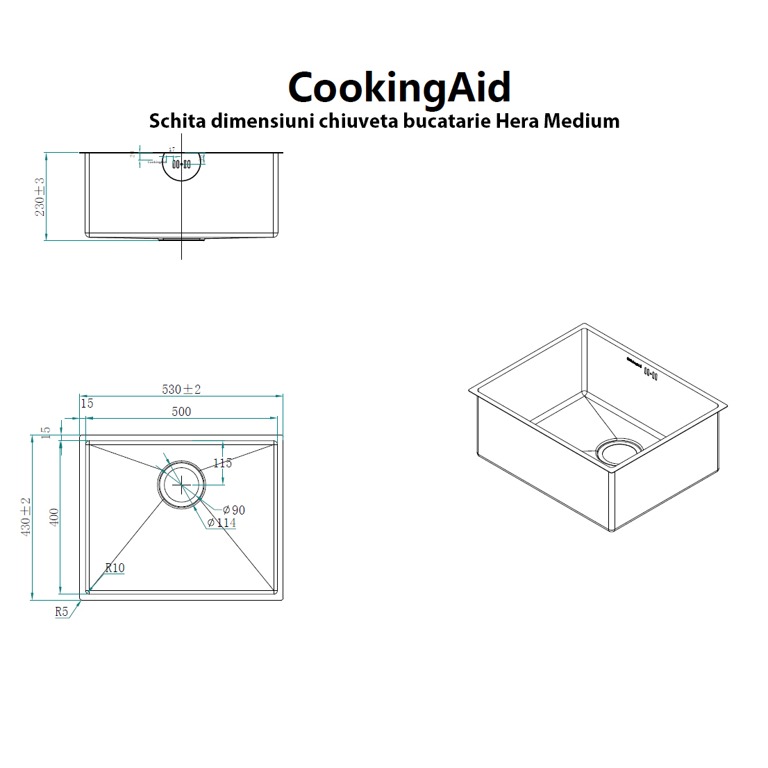 Chiuveta bucatarie inox CookingAid HERA MEDIUM cu montaj pe/sub blat cu dozator detergent, tavita scurgere inox, gratar rulabil inox + accesorii montaj [22]