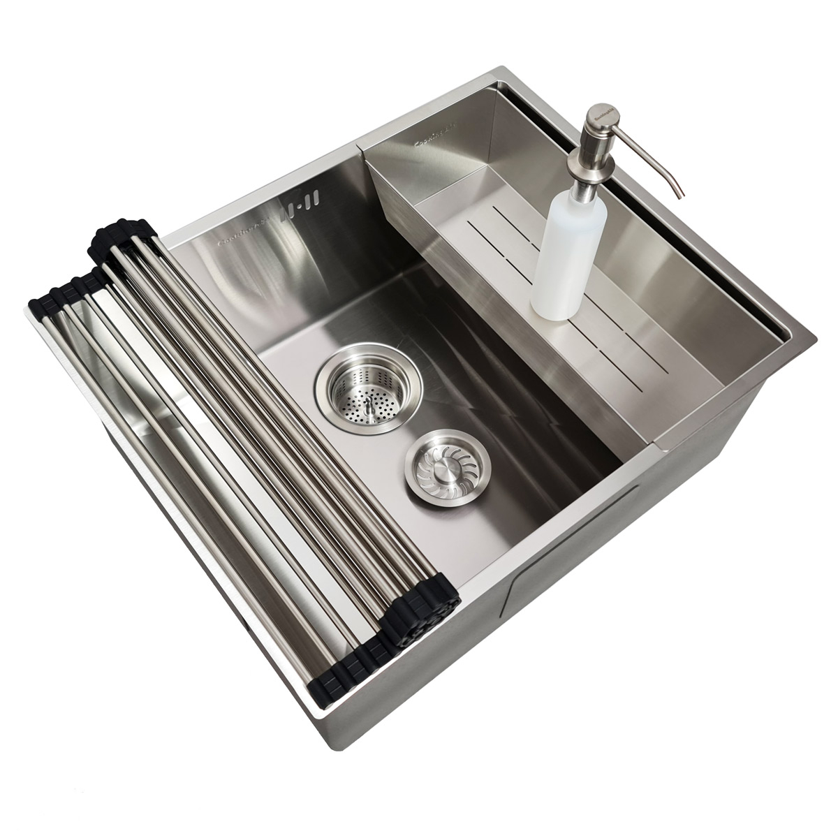 Chiuveta bucatarie inox CookingAid HERA MEDIUM cu montaj pe/sub blat cu dozator detergent, tavita scurgere inox, gratar rulabil inox + accesorii montaj [2]