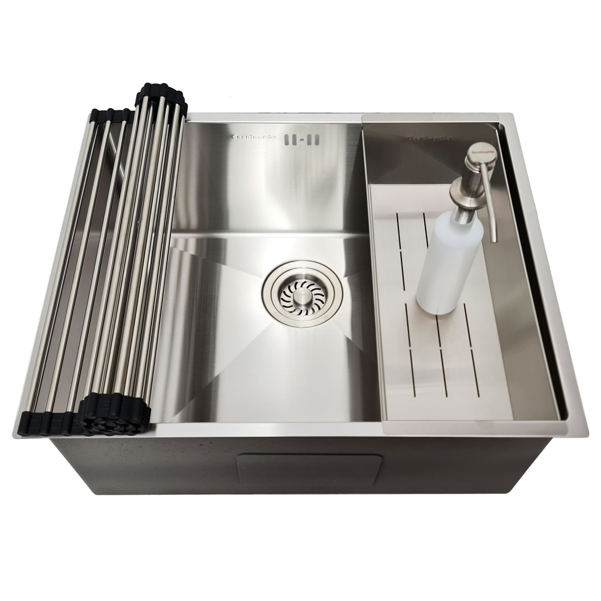 Chiuveta bucatarie inox CookingAid HERA MEDIUM cu montaj pe/sub blat cu dozator detergent, tavita scurgere inox, gratar rulabil inox + accesorii montaj [1]