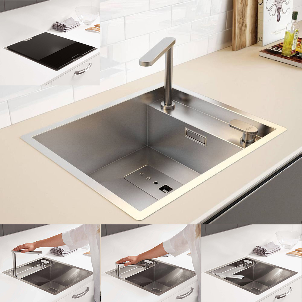 Chiuveta bucatarie inox CookingAid INVISIBLE 40R cu baterie telescopica integrata, capac scurgere invizibil, tocator sticla temperizata + accesorii montaj [1]