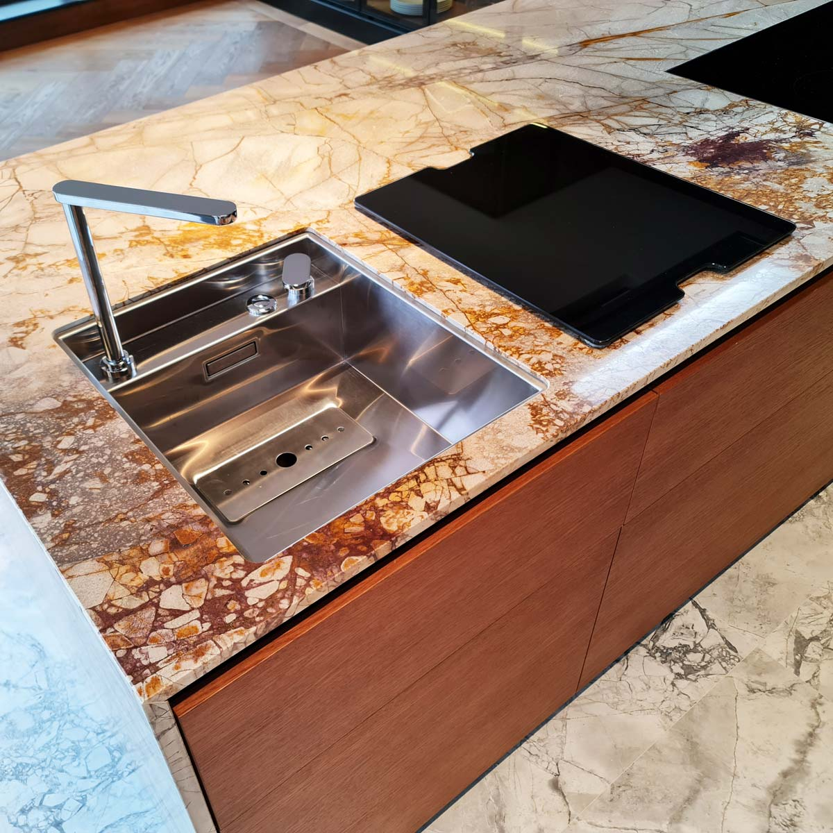 Chiuveta bucatarie inox CookingAid INVISIBLE 40R cu baterie telescopica integrata, tocator sticla temperizata, tocator resturi alimenatare Rodi + adaptor tocator First [20]