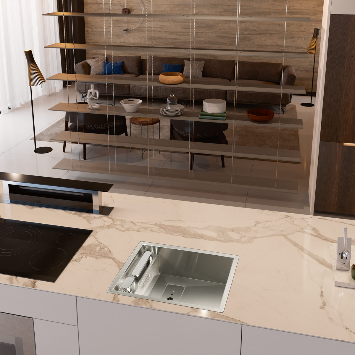 Chiuveta bucatarie inox CookingAid INVISIBLE 40R cu baterie telescopica integrata, tocator sticla temperizata, tocator resturi alimenatare Rodi + adaptor tocator First [24]