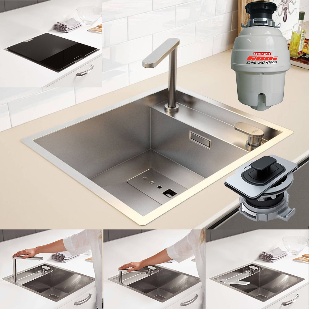 Chiuveta bucatarie inox CookingAid INVISIBLE 40R cu baterie telescopica integrata, tocator sticla temperizata, tocator resturi alimenatare Rodi + adaptor tocator First [15]