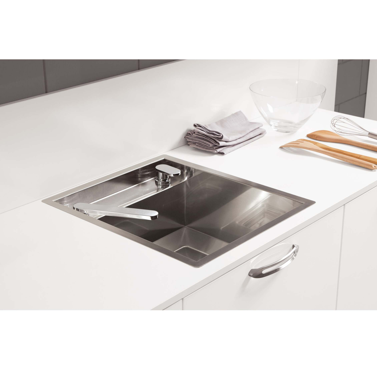 Chiuveta bucatarie inox CookingAid INVISIBLE 40R cu treapta pentru baterie si capac scurgere invizibil + accesorii montaj [11]