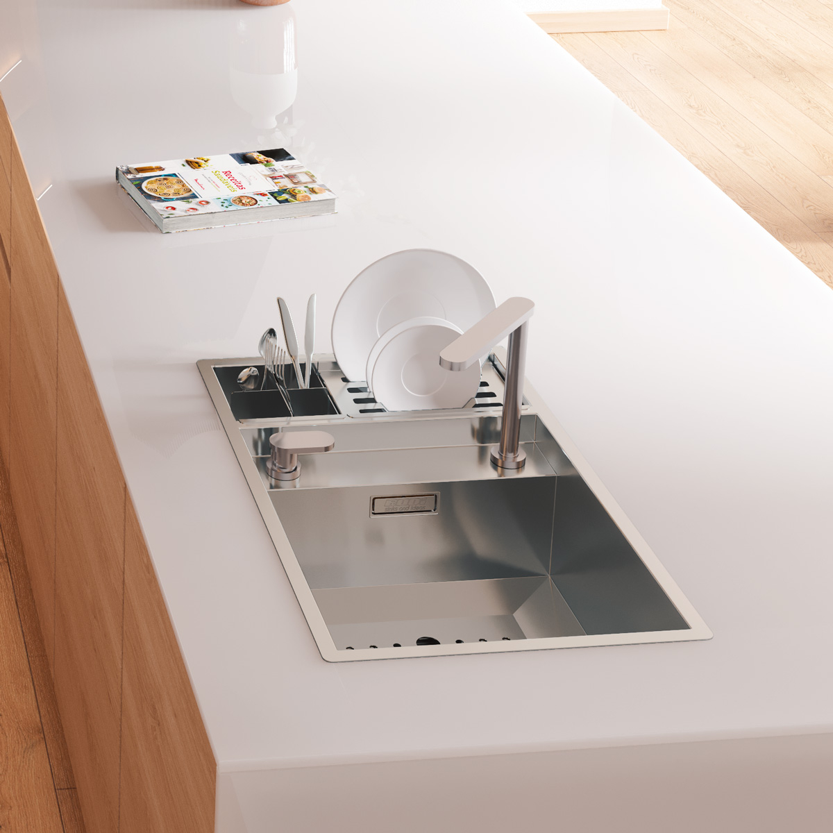 Chiuveta bucatarie inox CookingAid INVISIBLE 70 cu scurgator vase si baterie telescopica integrata, capac scurgere invizibil, tocator sticla temperizata + accesorii montaj [1]