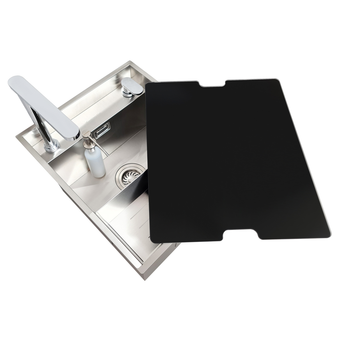 Chiuveta bucatarie inox CookingAid INVISIBLE DEEP cu baterie telescopica integrata, scurgator vase/paste/fructe, tocator sticla temperizata, dozator detergent + accesorii montaj [3]