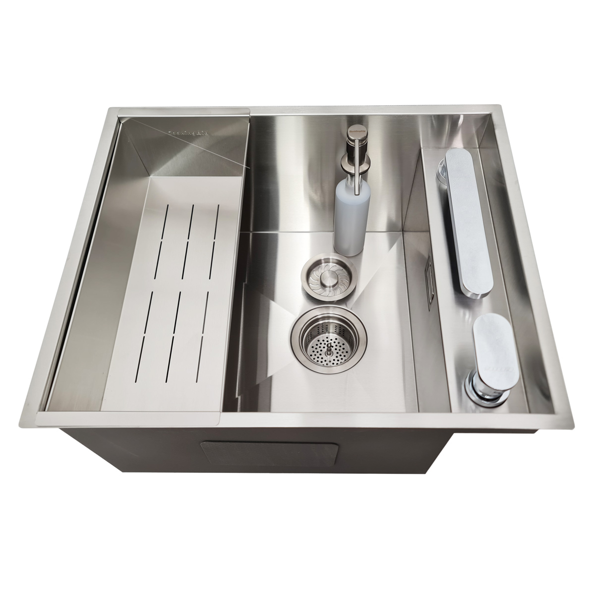 Chiuveta bucatarie inox CookingAid INVISIBLE DEEP cu baterie telescopica integrata, scurgator vase/paste/fructe, tocator sticla temperizata, dozator detergent + accesorii montaj [13]