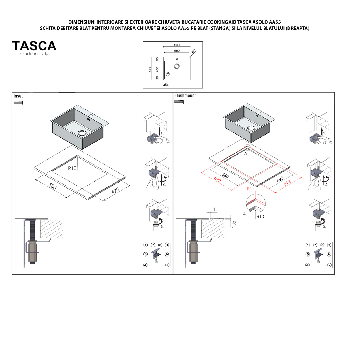 Chiuveta bucatarie inox CookingAid TASCA ASOLO AA55 cu montaj pe blat sau la nivelul blatului si accesorii montaj [18]