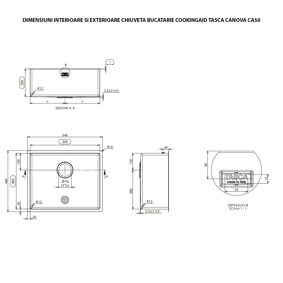 Chiuveta bucatarie inox CookingAid TASCA CANOVA CA50 DuriX mata, rezistenta la zgarieturi si ventil/preaplin negru, cu montaj pe blat, sub blat sau la nivelul blatului si accesorii montaj [13]