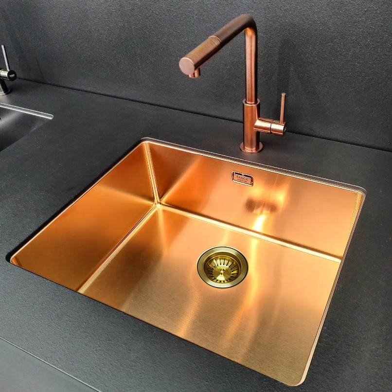 Chiuveta bucatarie inox CookingAid TASCA CANOVA CA50 Gold cu strat PVD ceramic culoare aurie cu montaj pe blat, sub blat sau la nivelul blatului si accesorii montaj [1]