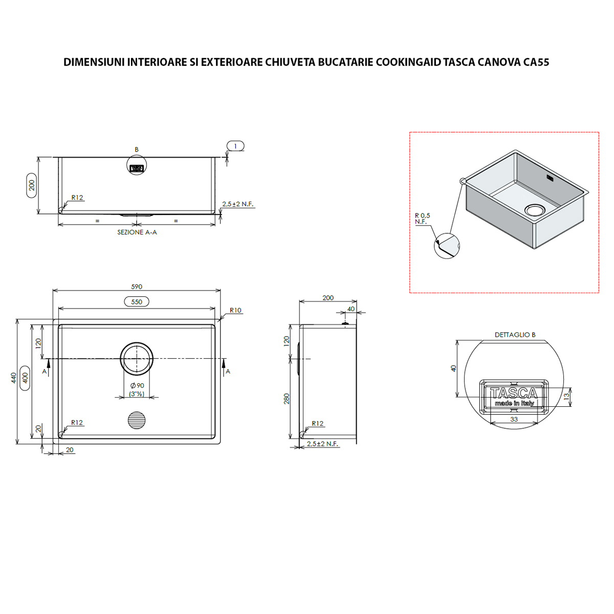Chiuveta bucatarie inox CookingAid TASCA CANOVA CA55 cu montaj pe blat, sub blat sau la nivelul blatului si accesorii montaj [15]