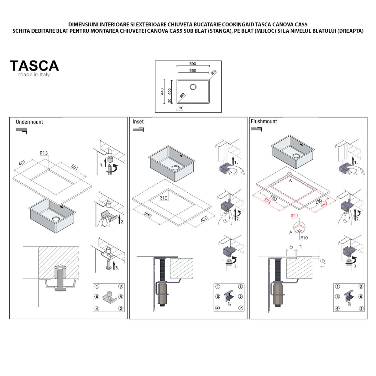 Chiuveta bucatarie inox CookingAid TASCA CANOVA CA55 cu montaj pe blat, sub blat sau la nivelul blatului si accesorii montaj [16]