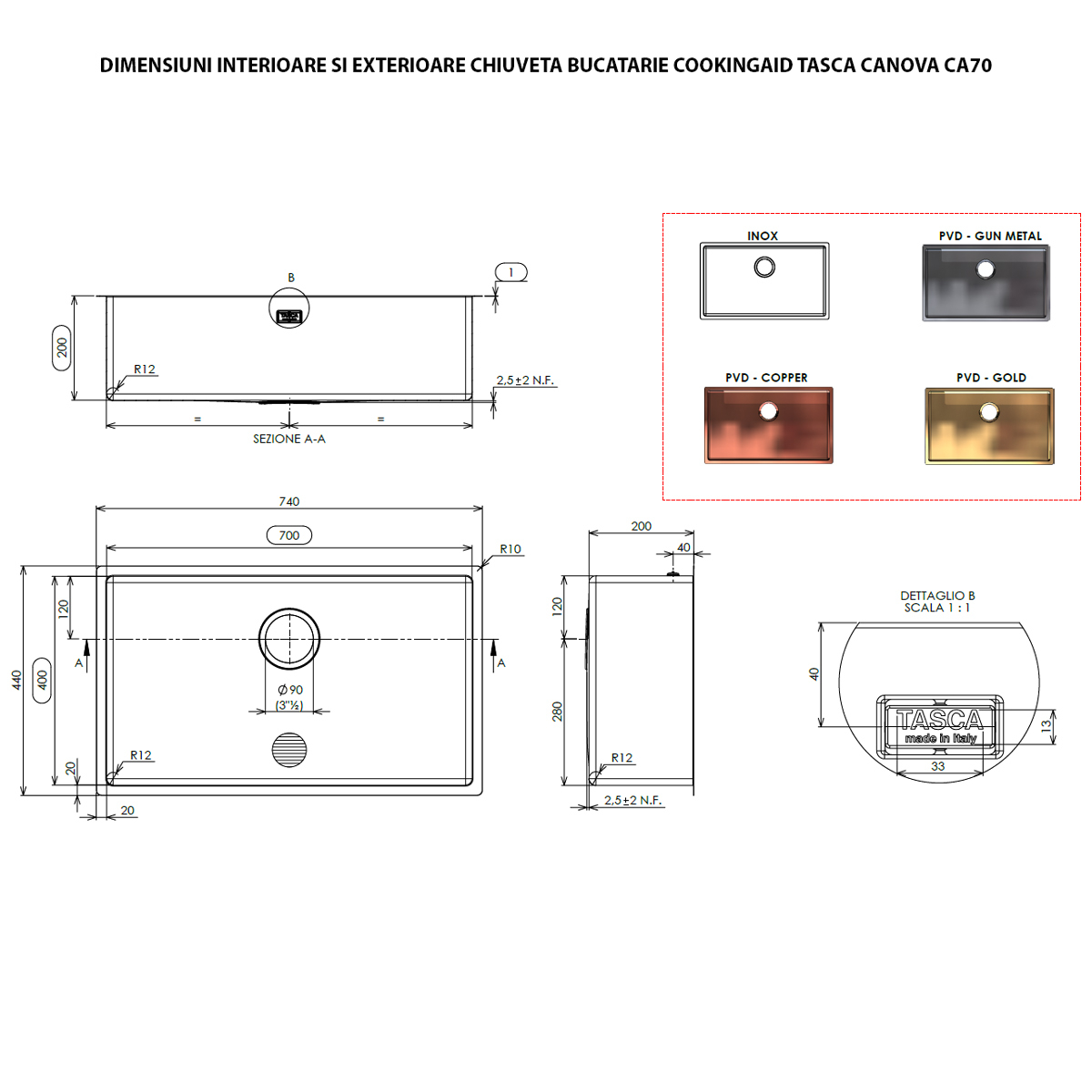 Chiuveta bucatarie inox CookingAid TASCA CANOVA CA70 DuriX mata, rezistenta la zgarieturi si ventil/preaplin negru, cu montaj pe blat, sub blat sau la nivelul blatului si accesorii montaj [38]