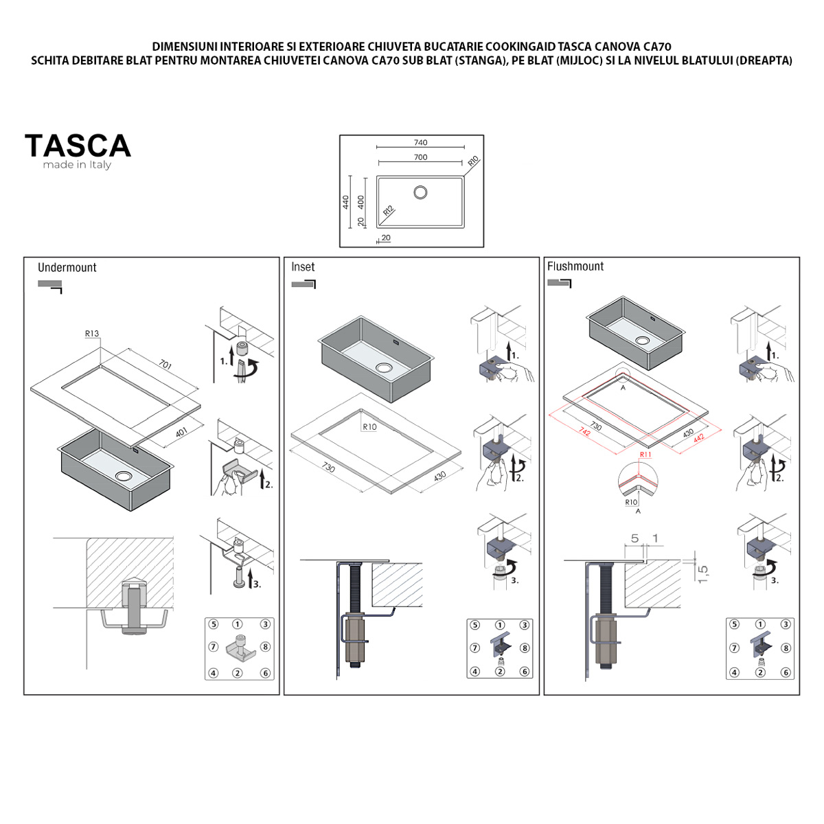 Chiuveta bucatarie inox CookingAid TASCA CANOVA CA70 DuriX mata, rezistenta la zgarieturi si ventil/preaplin negru, cu montaj pe blat, sub blat sau la nivelul blatului si accesorii montaj [37]