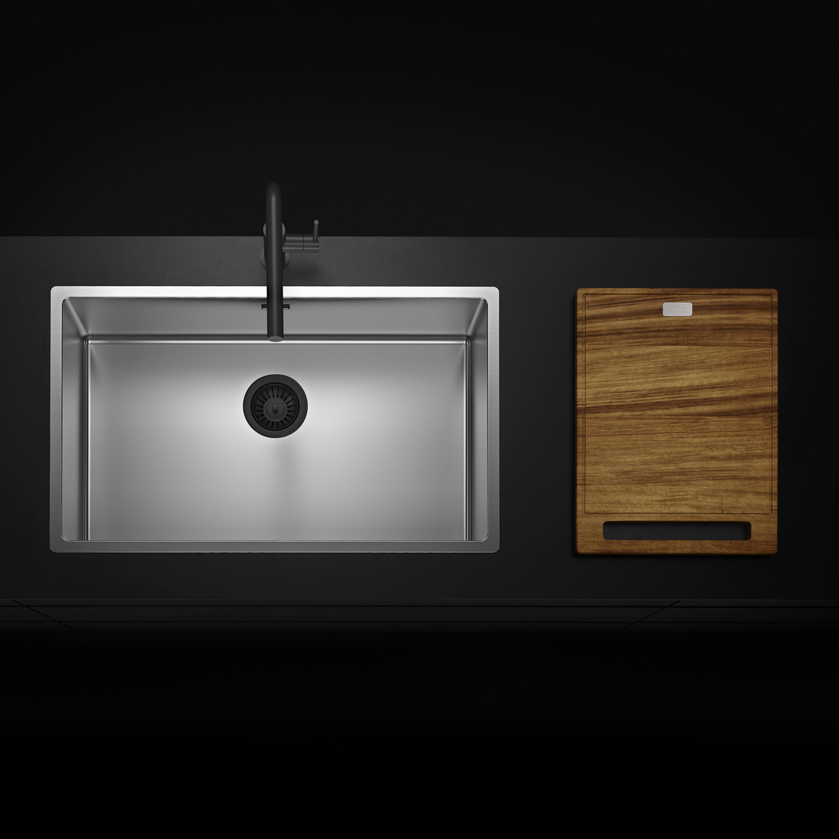 Chiuveta bucatarie inox CookingAid TASCA CANOVA CA70 DuriX mata, rezistenta la zgarieturi si ventil/preaplin negru, cu montaj pe blat, sub blat sau la nivelul blatului si accesorii montaj [1]