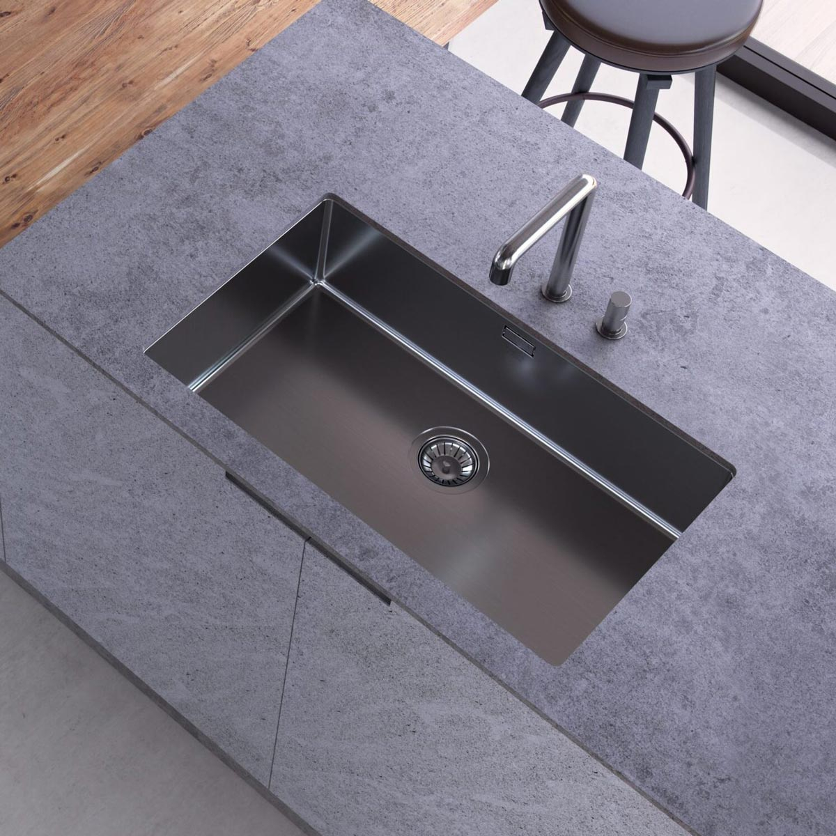 Chiuveta bucatarie inox CookingAid TASCA CANOVA CA70 GUN METAL cu strat PVD ceramic culoare gri inchis / negru antracit cu montaj pe blat, sub blat sau la nivelul blatului si accesorii montaj [1]