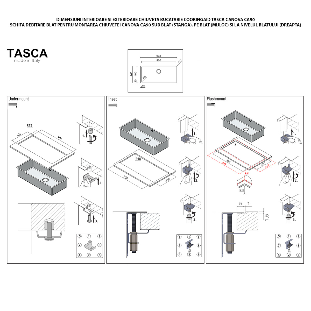 Chiuveta bucatarie inox CookingAid TASCA CANOVA CA90 WORKSTATION + tavita scurgere inox + tocator lemn Iroko, cu montaj pe blat, sub blat sau la nivelul blatului si accesorii montaj [9]
