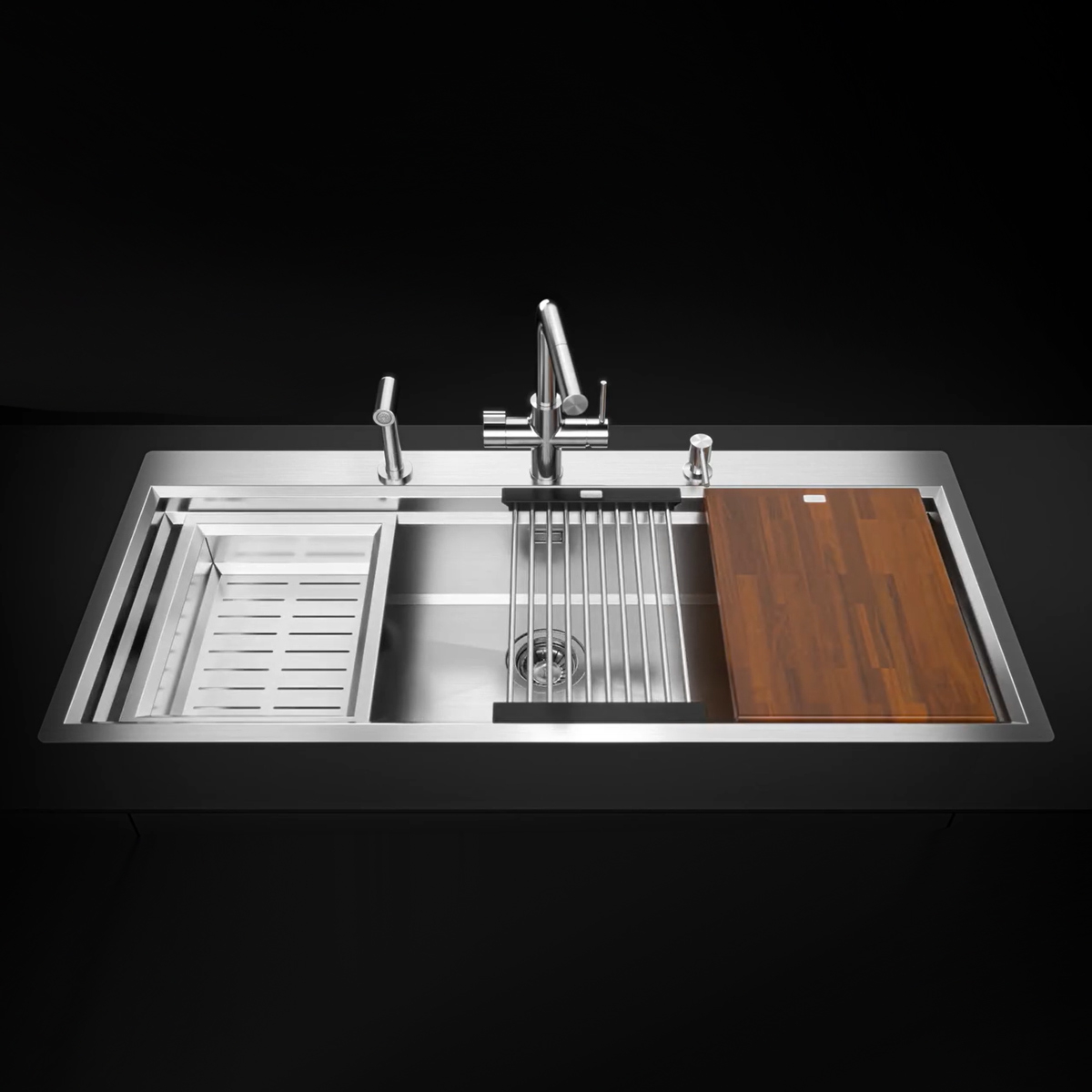 Chiuveta bucatarie inox CookingAid TASCA Harmony 116IF WORKSTATION cu 6 accesorii: tavita scurgere glisanta, tocator lemn Iroko, gratar scurgere glisant, dus extractibil cu pulverizator, dozator deter [4]