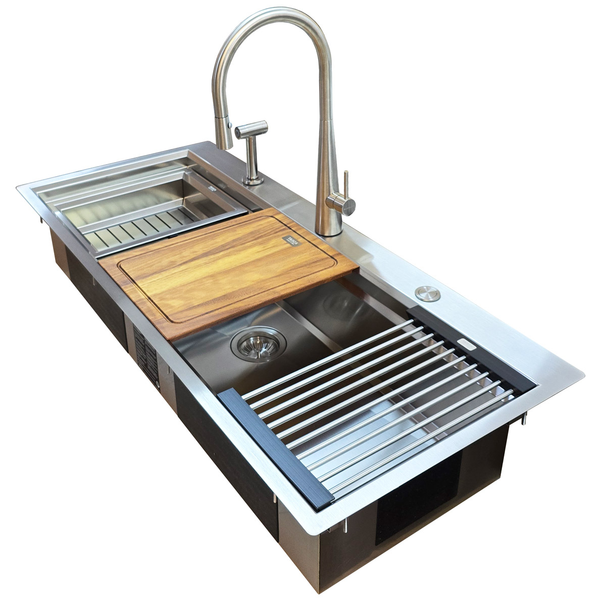 Chiuveta bucatarie inox CookingAid TASCA Harmony 116IF WORKSTATION cu 6 accesorii: tavita scurgere glisanta, tocator lemn Iroko, gratar scurgere glisant, dus extractibil cu pulverizator, dozator deter [35]