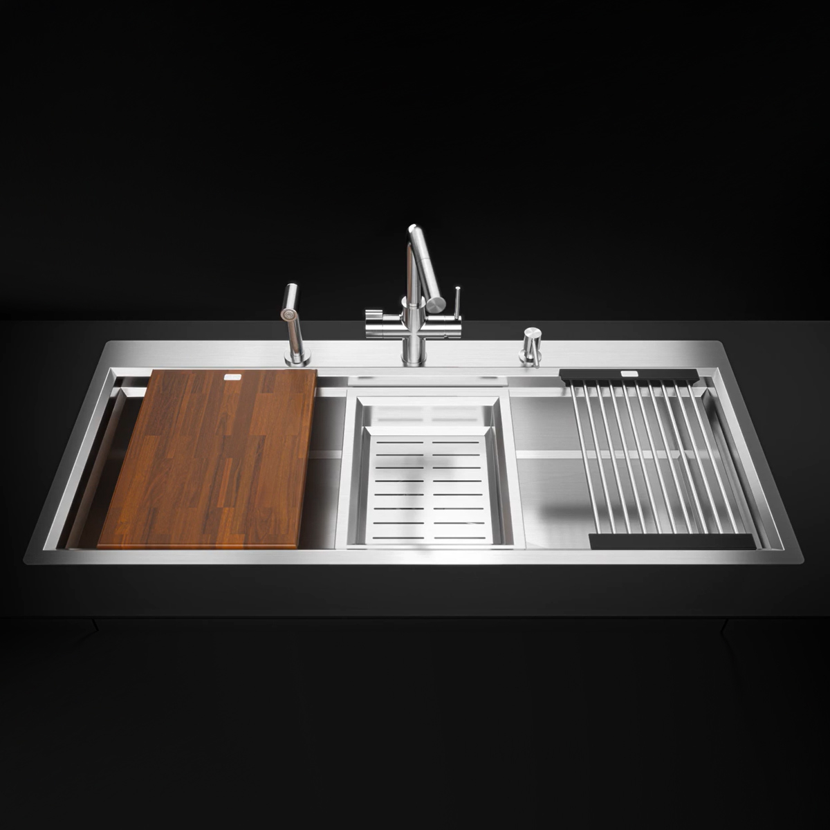 Chiuveta bucatarie inox CookingAid TASCA Harmony 116IF WORKSTATION cu 6 accesorii: tavita scurgere glisanta, tocator lemn Iroko, gratar scurgere glisant, dus extractibil cu pulverizator, dozator deter [3]