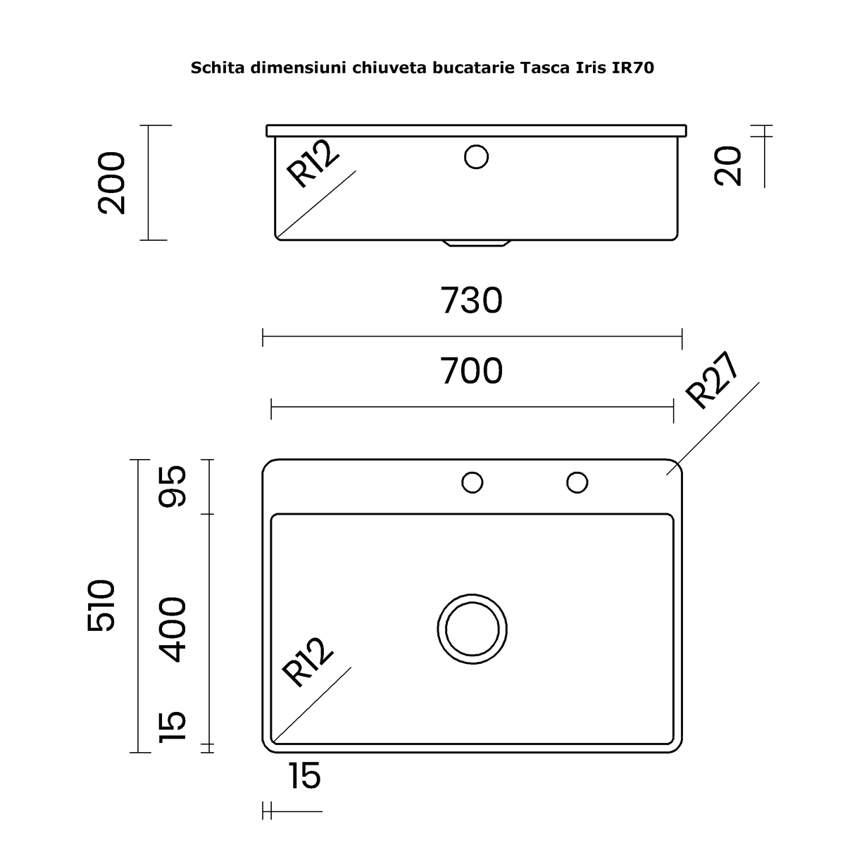 Chiuveta bucatarie inox CookingAid TASCA IRIS IR70 cu montaj pe blat, ventil scurgere automat cu capac scurgere invisibila, preaplin rotund si accesorii montaj [15]