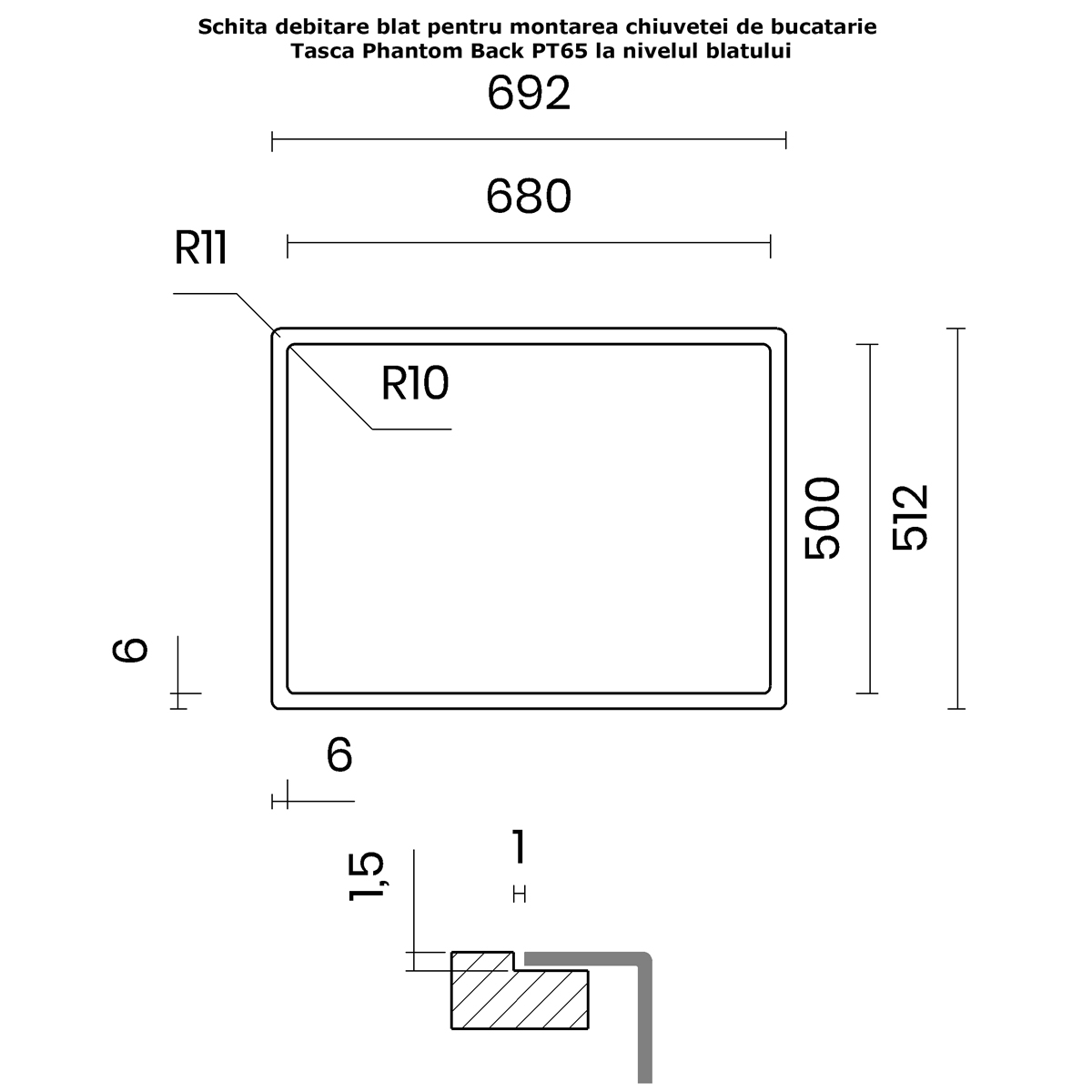 Chiuveta bucatarie inox CookingAid TASCA PHANTOM BACK PT65 INVISIBLE cu montaj pe blat, sub blat, la nivelul blatului sau sub geam si accesorii montaj [18]
